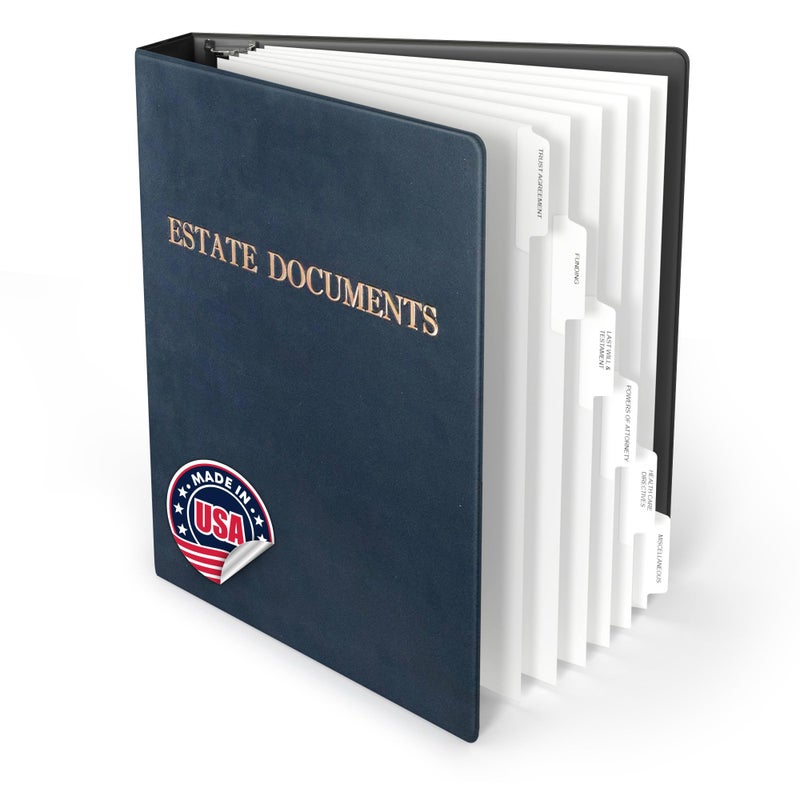 Three Ring Systems Estate Planning Binder with Pre-Labeled Tabs, 1.5-Inch Angle D Ring, Faux Leather, Sheet Protectorsâ€“ Organizing Wills, Trusts, Powers of Attorney & Final Wishes (Navy with Bronze) + Linen Folder - Image 1